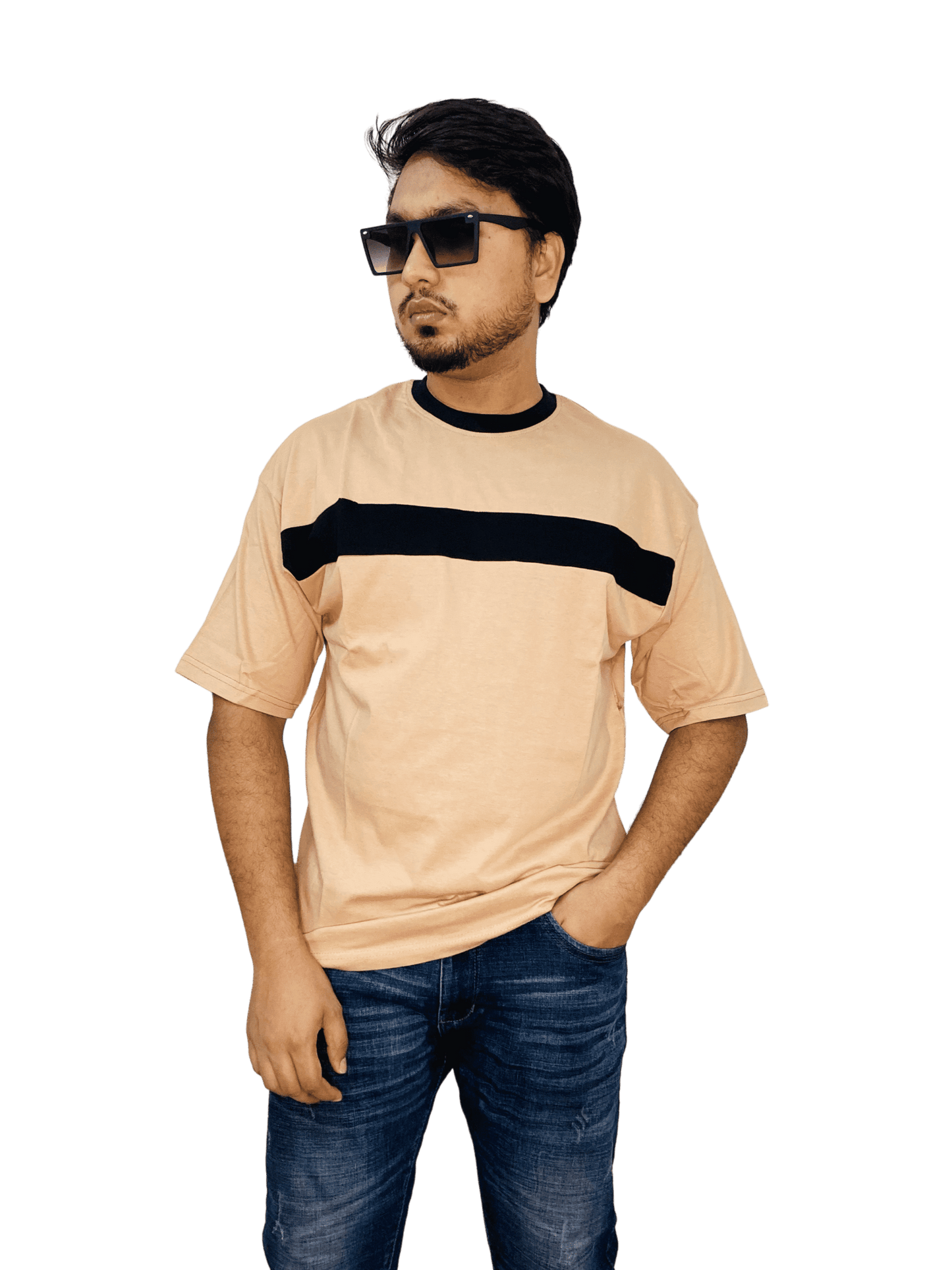 Beige chest contrast oversized t-shirt on model – neutral tone, unisex streetwear style | Bangladesh bulk order