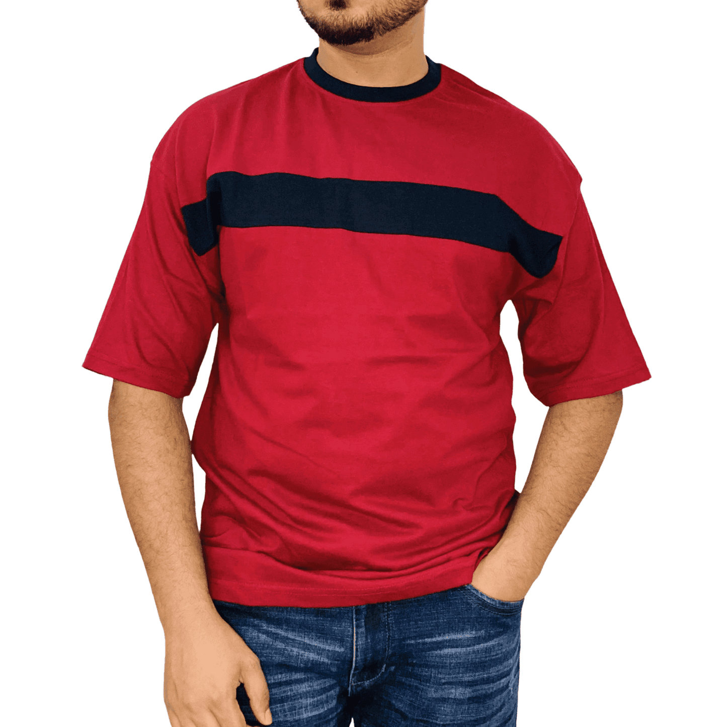 Maroon drop shoulder t-shirt detail – colorfast dye, heavyweight cotton, contrast stitching