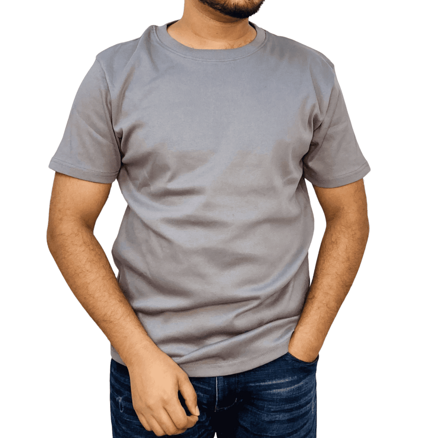 Close-up of Ash ribbed t-shirt on model – regular fit, stretchy cotton fabric | Custom printable blank tee Bangladesh