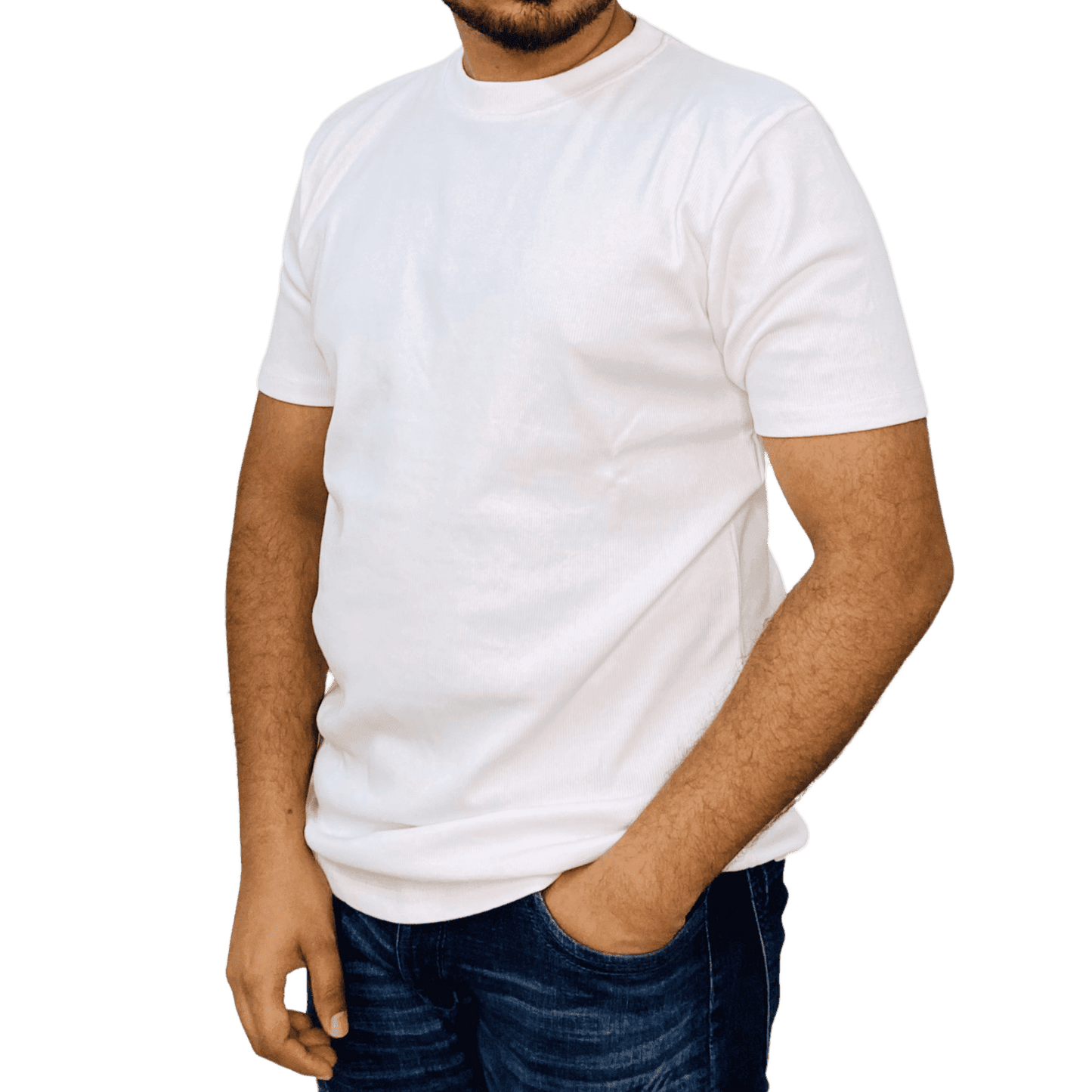 Close-up of White ribbed t-shirt on model – regular fit, stretchy cotton fabric | Custom printable blank tee Bangladesh