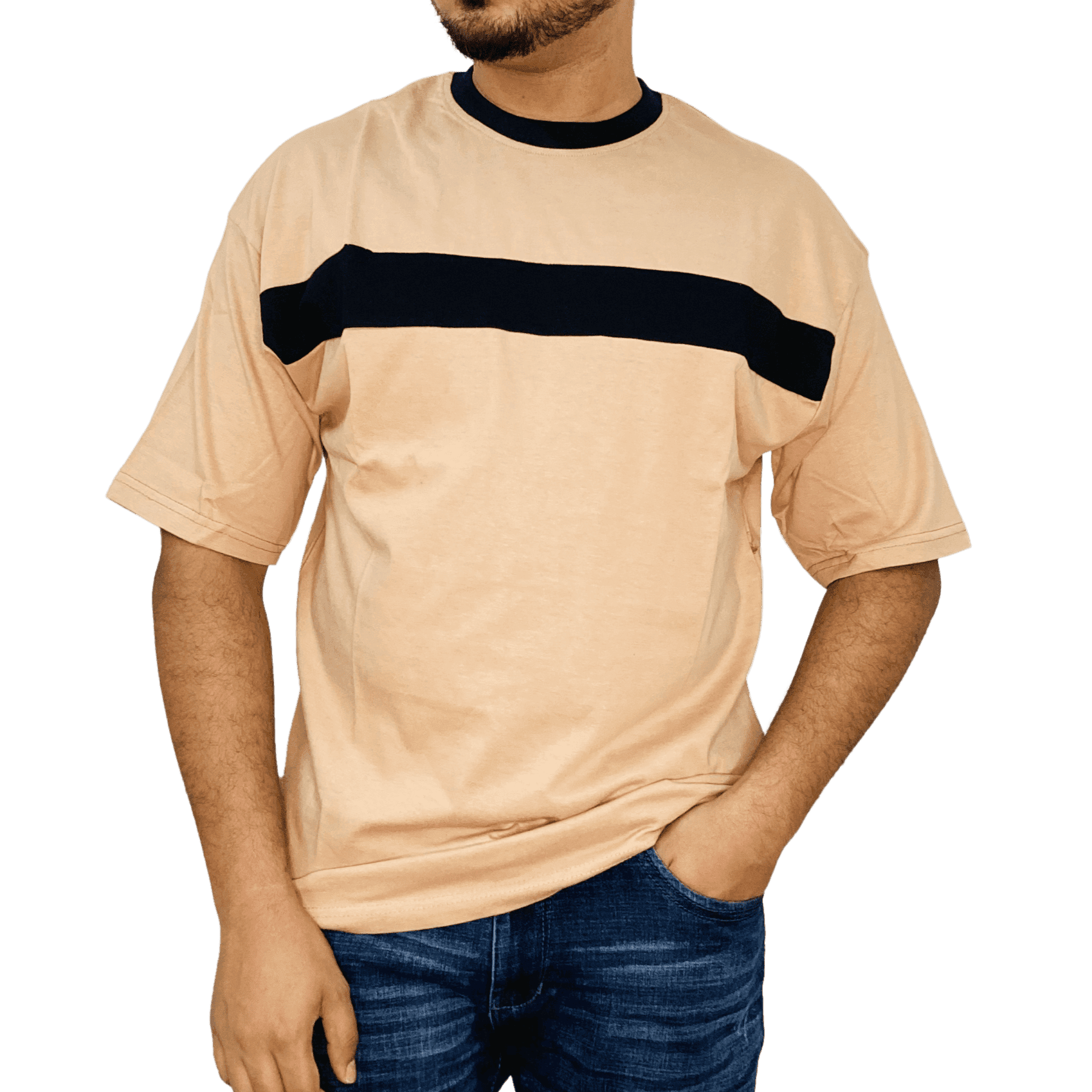 Beige contrast drop shoulder tee close-up – breathable cotton, color-block design, relaxed fit