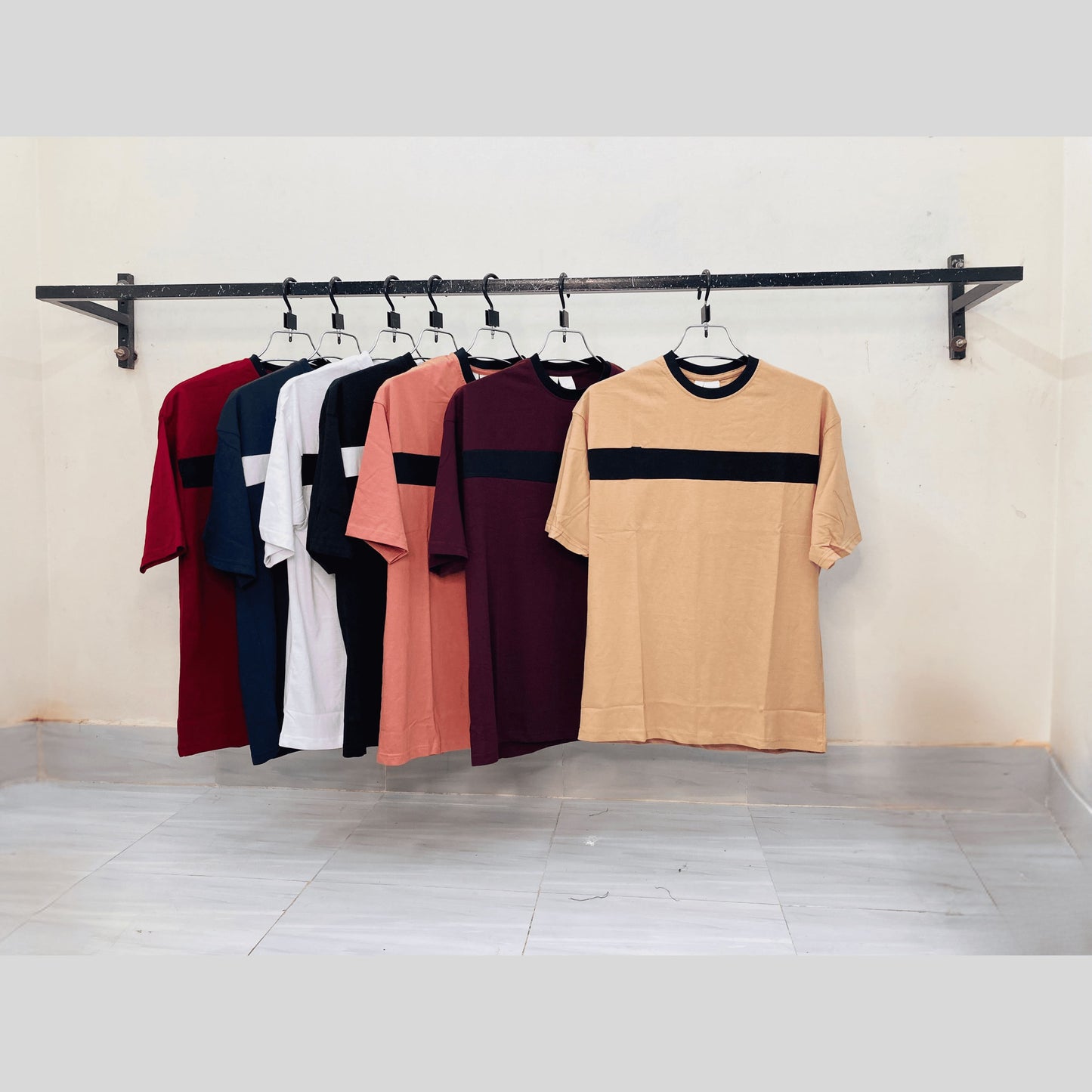 Beige t-shirt compared with 6 colors (navy, black, wine, etc.) – blank tees for resellers