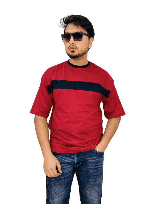 Maroon chest contrast oversized tee on model – rich color, streetwear aesthetic | Bangladesh custom blanks