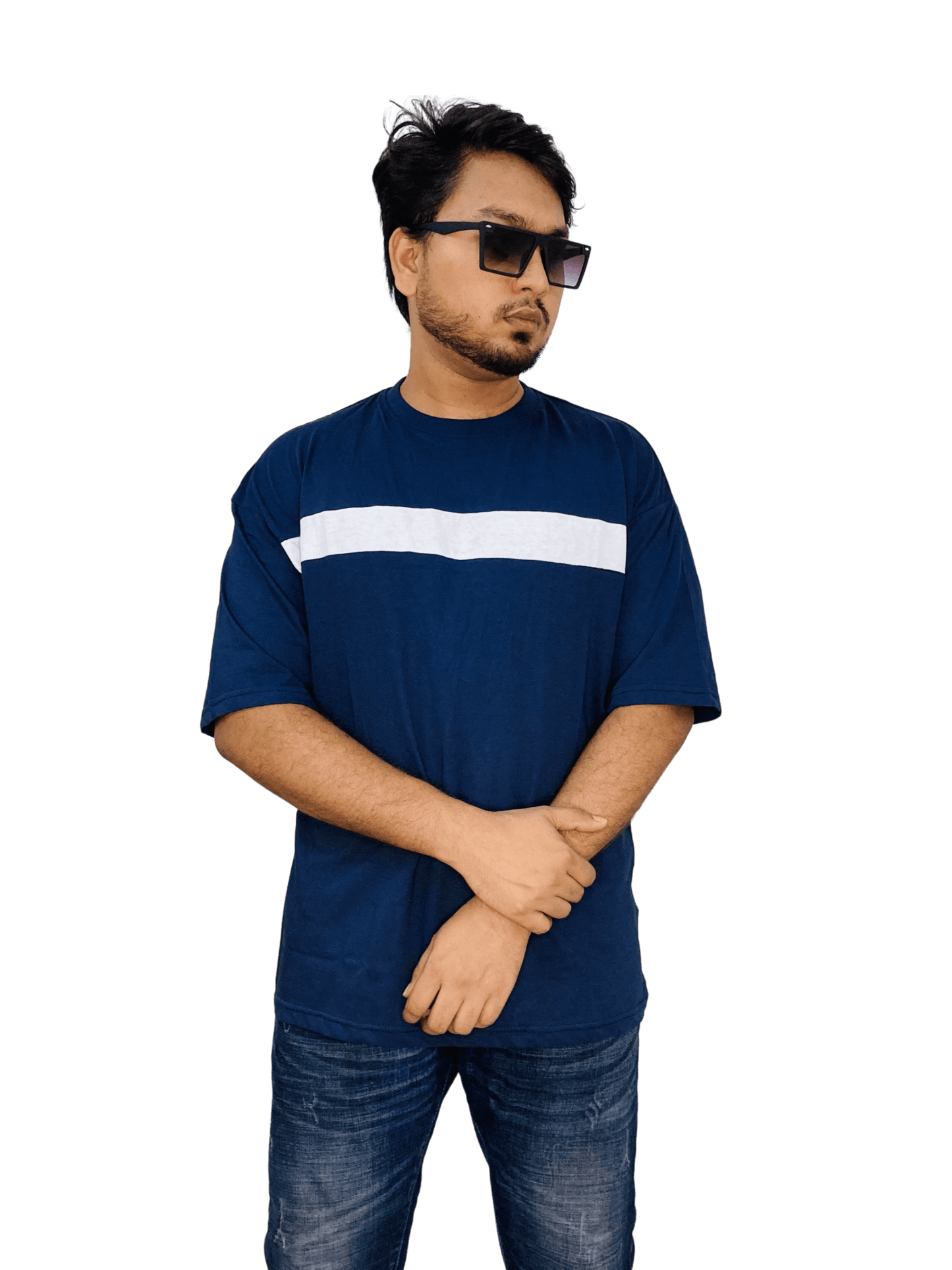 Navy blue chest contrast drop shoulder tee on model – urban oversized fit, soft cotton fabric | Bangladesh supplier