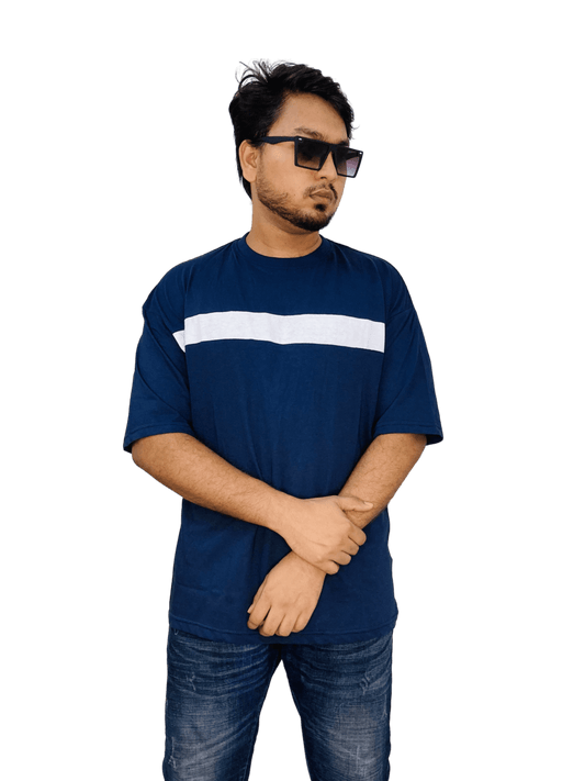 Navy blue chest contrast drop shoulder tee on model – urban oversized fit, soft cotton fabric | Bangladesh supplier