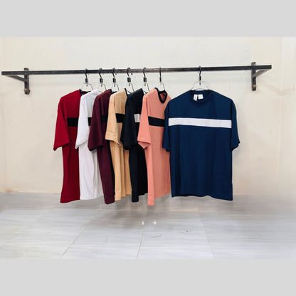 Navy contrast tee alongside white, black, wine, peach, beige, maroon – wholesale streetwear bundle