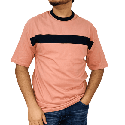 Peach-colored chest contrast tee – soft fabric, bold color-block seams, pre-shrunk cotton