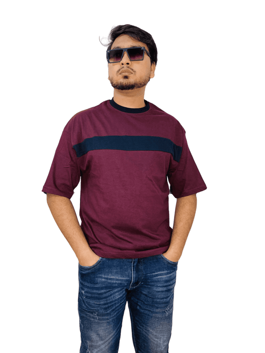 Wine red contrast t-shirt on model – deep color, oversized drop shoulder fit | Bangladesh bulk supplier