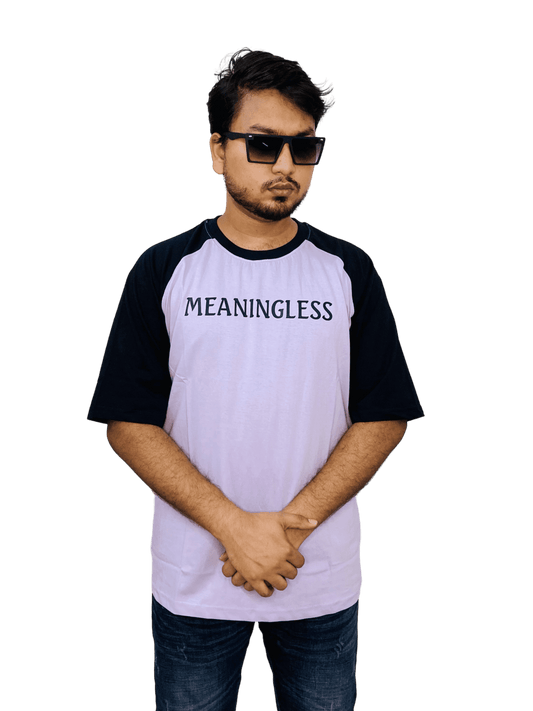 Lavender 'MEANINGLESS' raglan tee on model - pastel oversized streetwear | Bangladesh bulk order