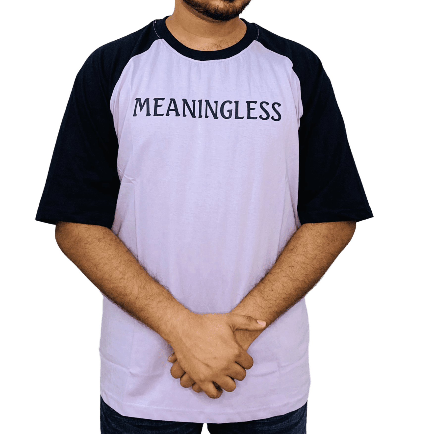 Lavender raglan t-shirt detail - soft 'MEANINGLESS' print, lightweight cotton, trendy fit
