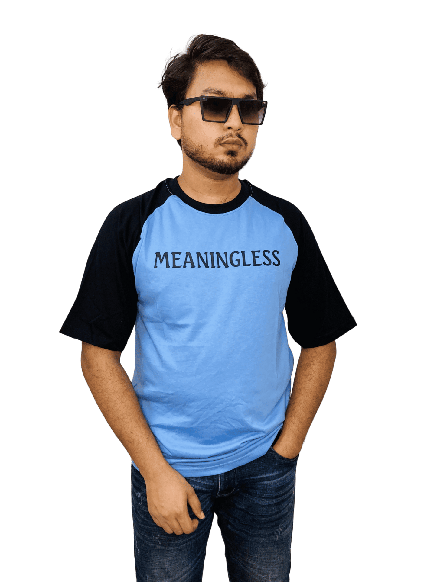 Sky blue 'MEANINGLESS' raglan tee on model - lightweight oversized streetwear | Bangladesh bulk blanks