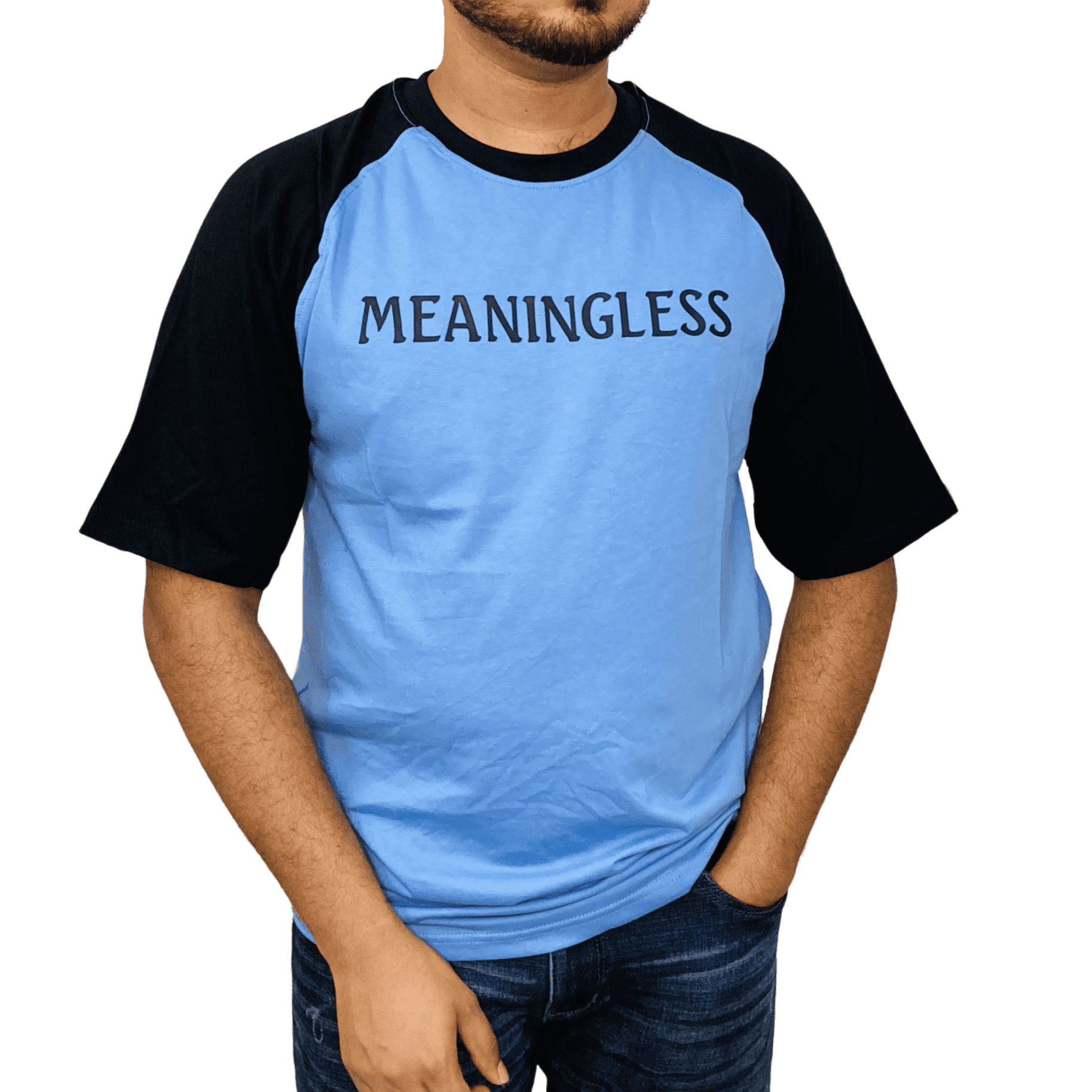 Sky blue raglan sleeve detail - 'MEANINGLESS' print, breathable cotton, summer street style