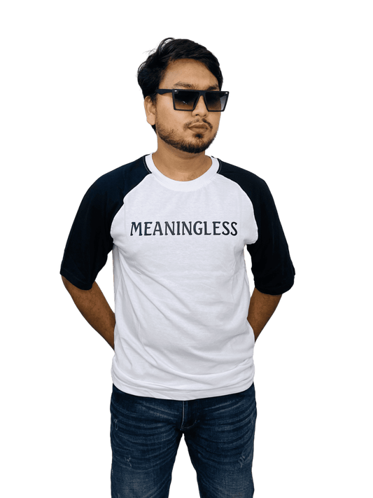 White 'MEANINGLESS' raglan tee on model - crisp oversized streetwear essential | Bangladesh supplier