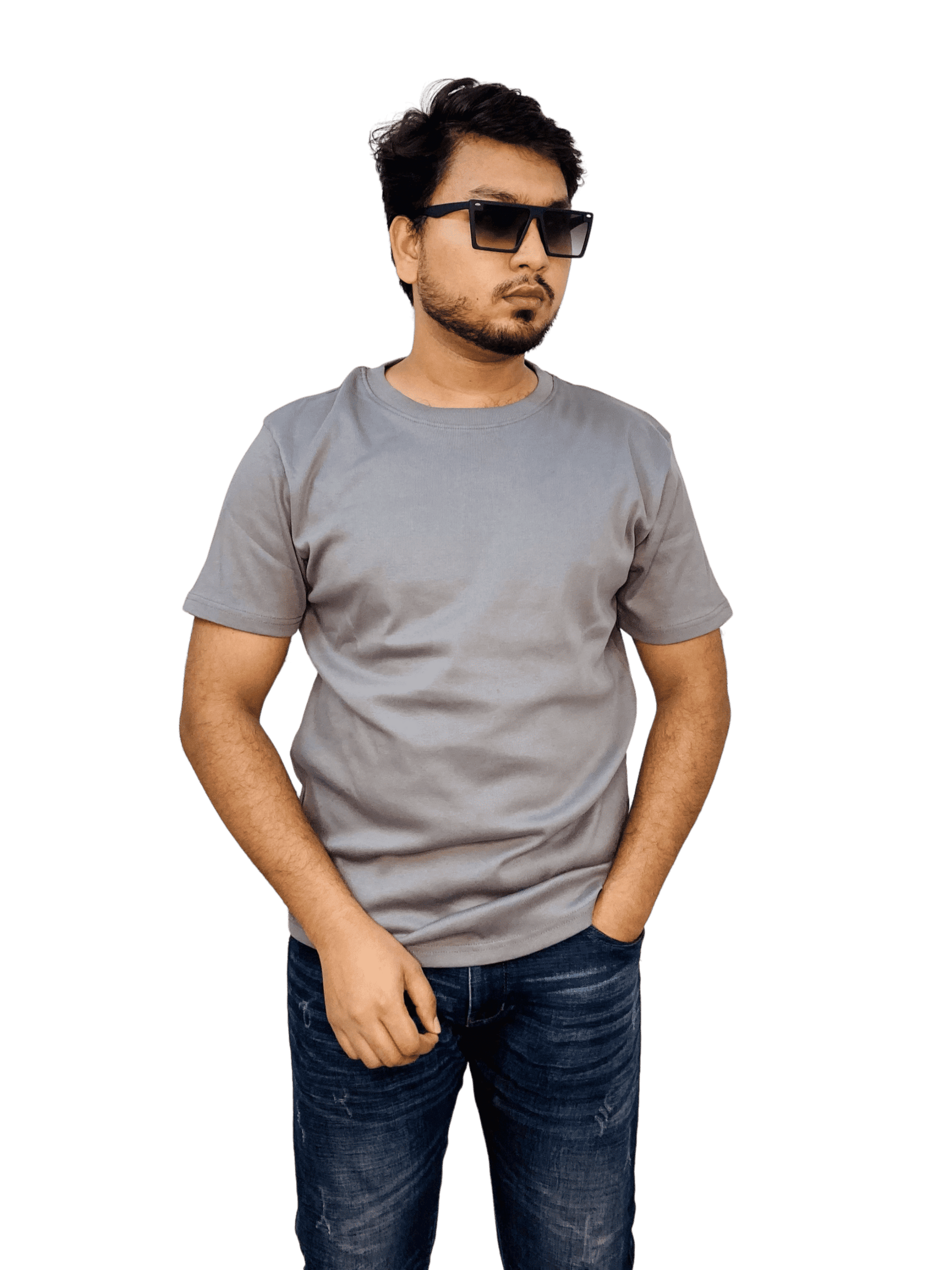 Ash-colored premium ribbed cotton t-shirt (regular fit) on model – soft, fitted blank tee for men & women | Bangladesh wholesale