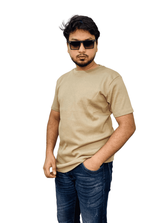 Beige-colored premium ribbed cotton t-shirt (regular fit) on model – soft, fitted blank tee for men & women | Bangladesh wholesale