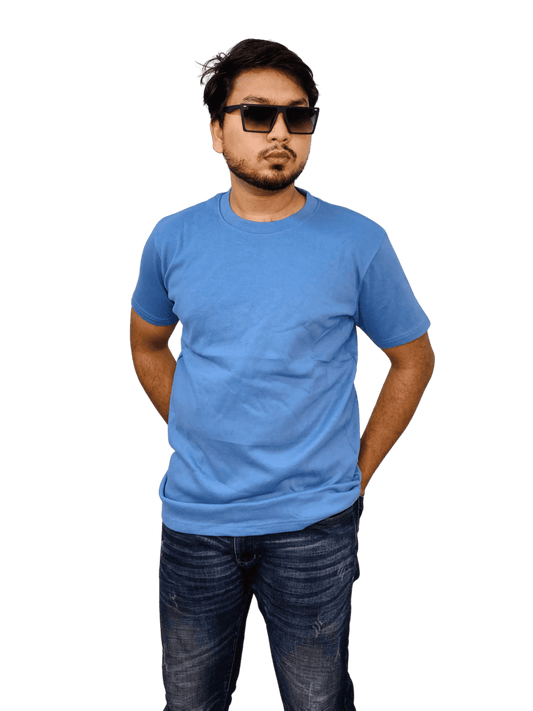 Blue-colored premium ribbed cotton t-shirt (regular fit) on model – soft, fitted blank tee for men & women | Bangladesh wholesale