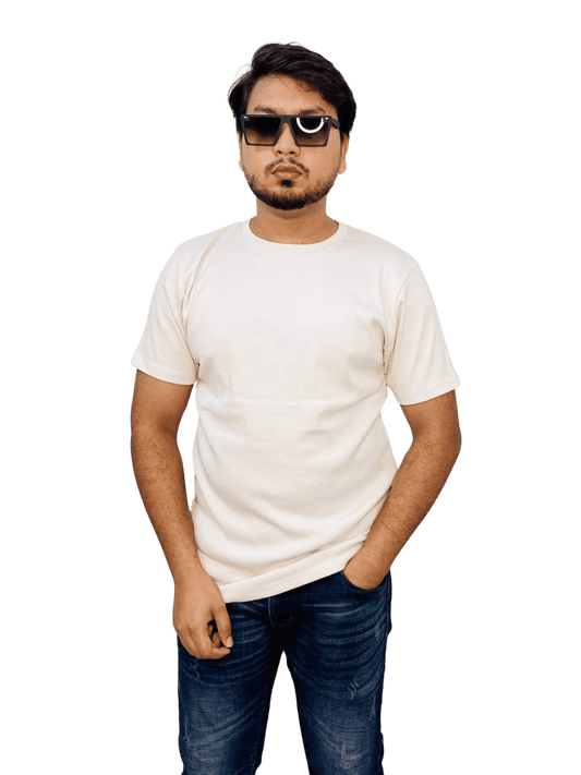 Cream-colored premium ribbed cotton t-shirt (regular fit) on model – soft, fitted blank tee for men & women | Bangladesh wholesale