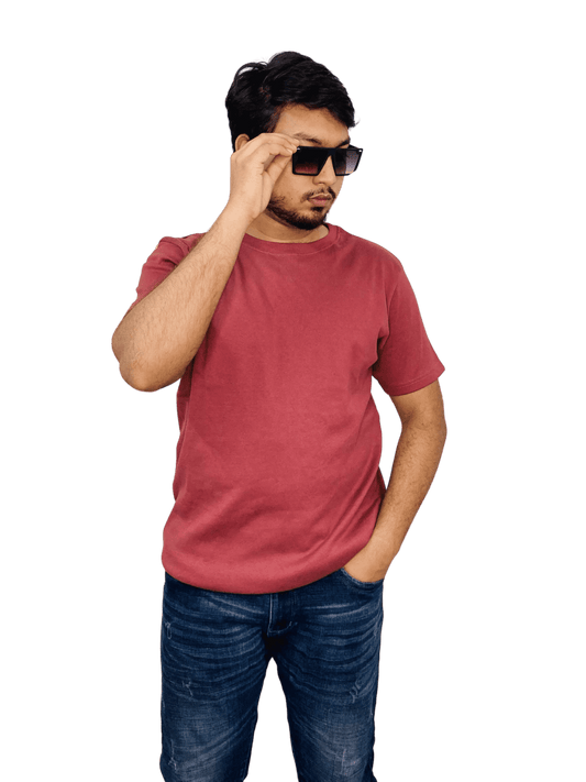 Maroon-colored premium ribbed cotton t-shirt (regular fit) on model – soft, fitted blank tee for men & women | Bangladesh wholesale