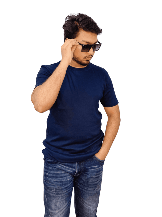 Navy-colored premium ribbed cotton t-shirt (regular fit) on model – soft, fitted blank tee for men & women | Bangladesh wholesale