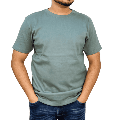 Close-up of Pastel Green ribbed t-shirt on model – regular fit, stretchy cotton fabric | Custom printable blank tee Bangladesh