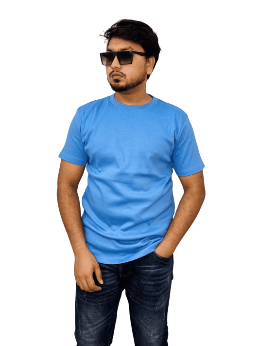 Sky-colored premium ribbed cotton t-shirt (regular fit) on model – soft, fitted blank tee for men & women | Bangladesh wholesale
