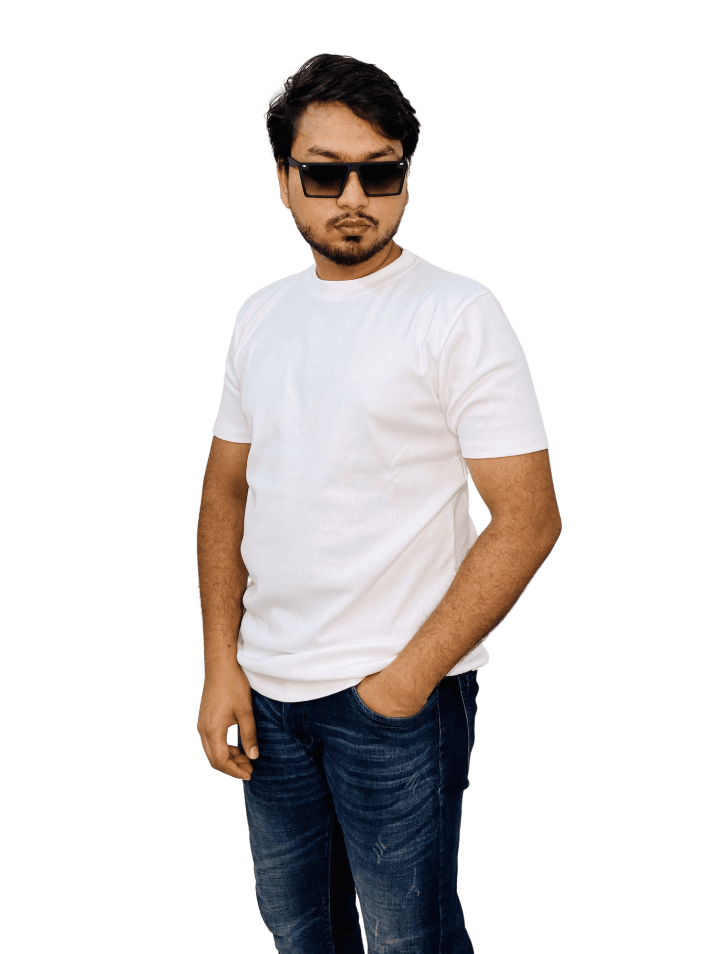 White-colored premium ribbed cotton t-shirt (regular fit) on model – soft, fitted blank tee for men & women | Bangladesh wholesale
